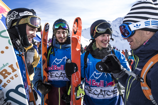 Pro skiers Julien Regnier, Nico Vuignier, Flo Bastien and Laurent De Martin at Red Bull Linecatcher